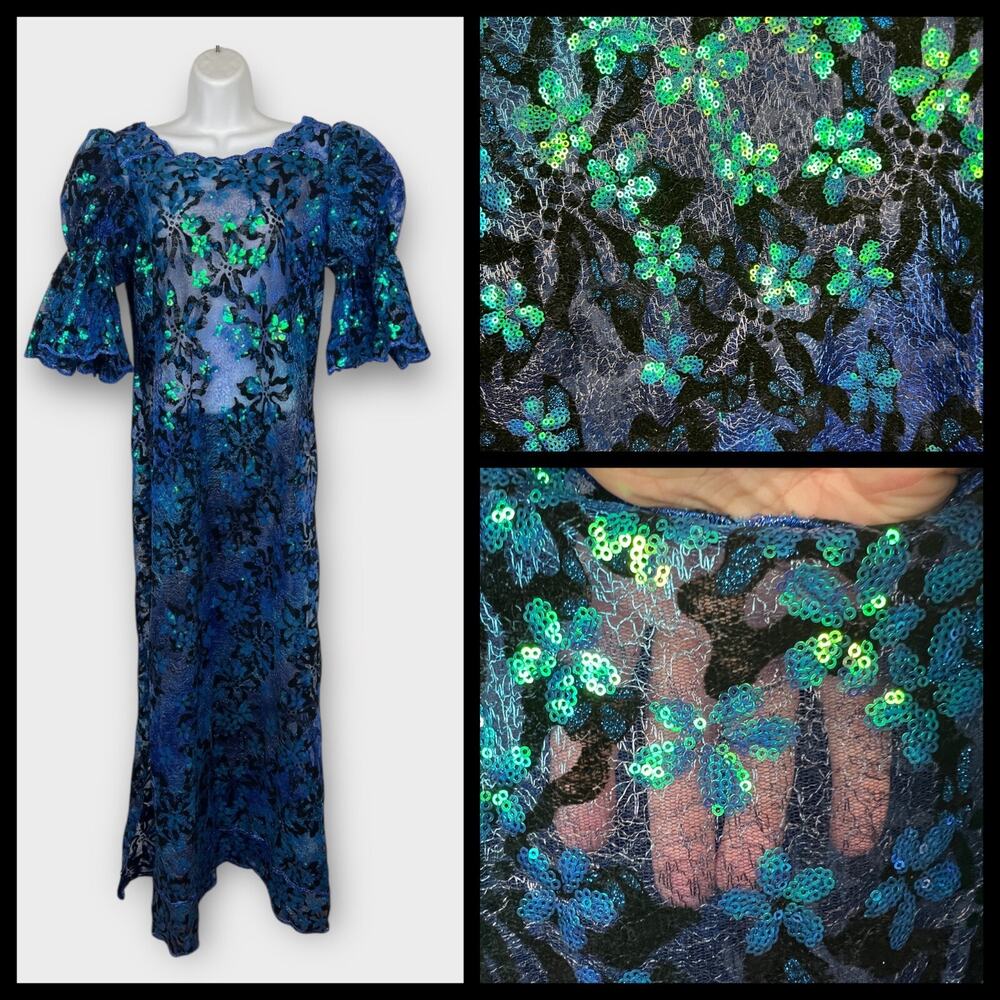 Balloon Sleeve Sheer Blue Iridescent Full Sequin Lace Maxi Dress Size 10 Formal